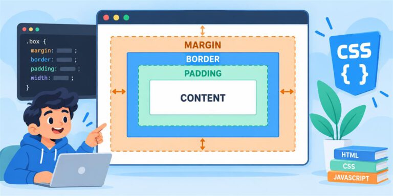 CSS box model illustration with content surrounded by padding, a border, and an outer margin.