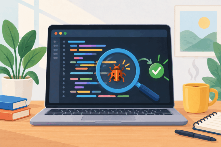 Illustration of a magnifying glass finding a bug in code on a laptop, with a green check mark for a successful fix.