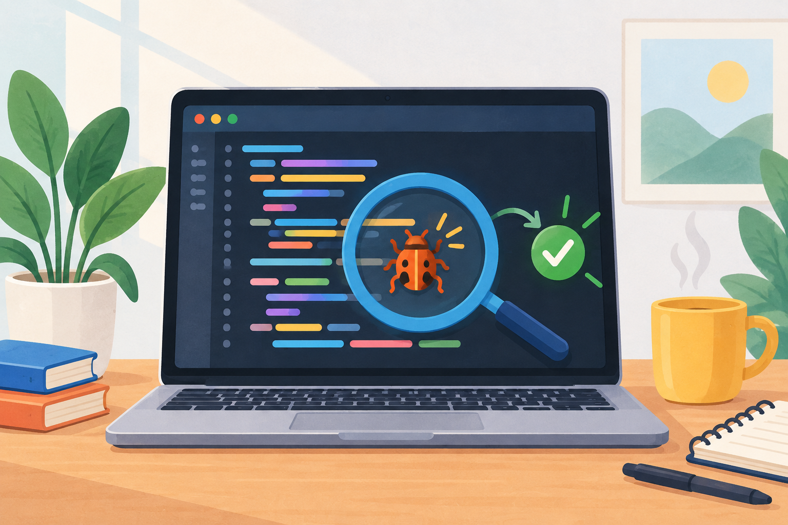 Illustration of a magnifying glass finding a bug in code on a laptop, with a green check mark for a successful fix.