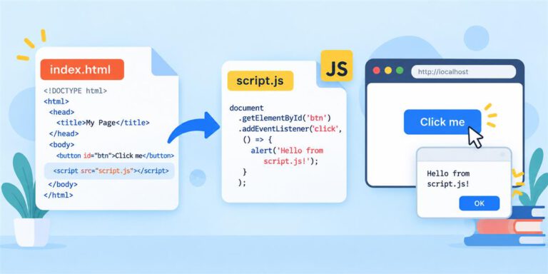 An HTML page linking to an external script.js file for interactive behavior.