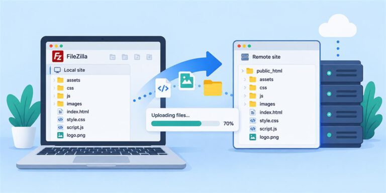 FileZilla transferring website files from a local computer to a remote server.