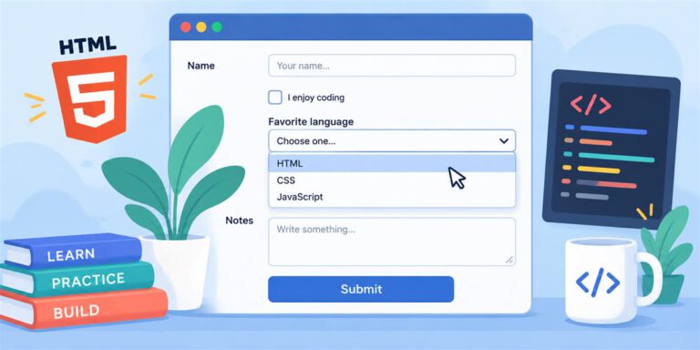HTML form with text input, checkbox, dropdown, textarea and submit button.