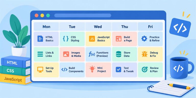 Weekly coding plan arranged in an HTML table with weekday columns and coding tasks.