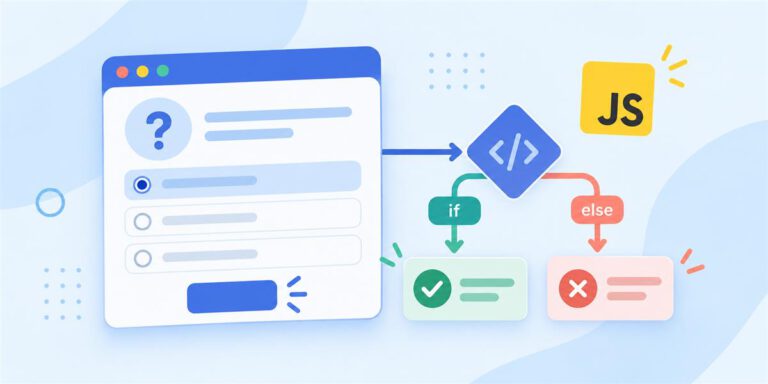 JavaScript quiz with if and else branches leading to correct-answer and retry feedback.