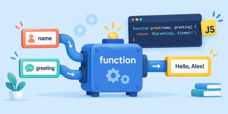 JavaScript function transforming input values into an output greeting.