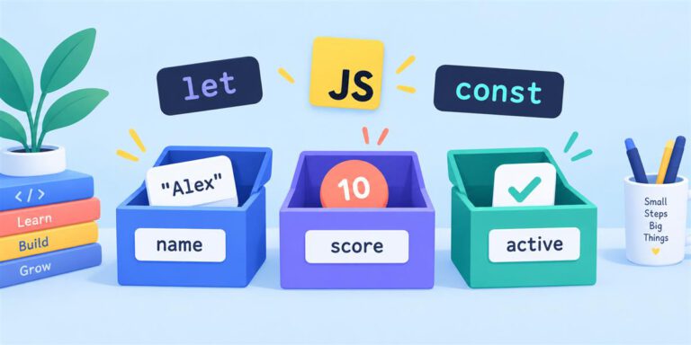 JavaScript variables storing a name, numeric score and Boolean value.