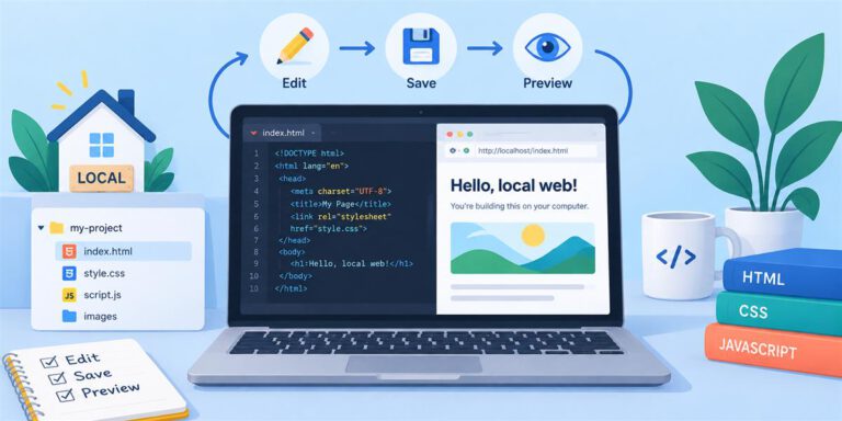 Local website workflow showing a code editor, browser preview and edit-save-preview cycle.