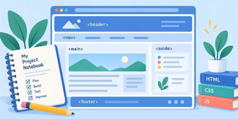 Project notebook laid out with semantic HTML header, navigation, main, aside and footer regions.