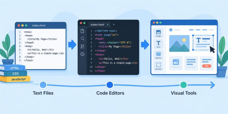 Evolution from plain text files to code editors and visual website builders.