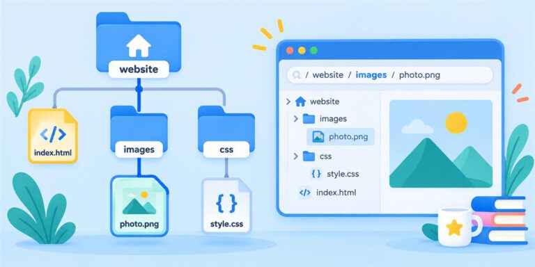 Website folder tree showing HTML, CSS and image file paths.