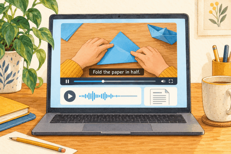 Illustration of a laptop showing a paper-folding video with captions, an audio player, and a transcript icon.