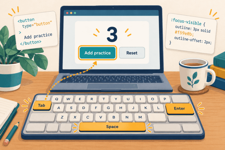 Illustration of a practice counter with its Add practice button highlighted, connected to the Tab, Enter, and Space keys on a keyboard.