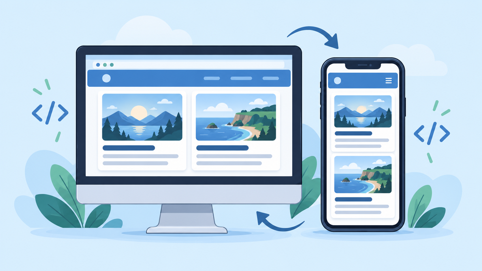 Illustration of a desktop website with two cards side by side and a phone showing the same cards stacked vertically.